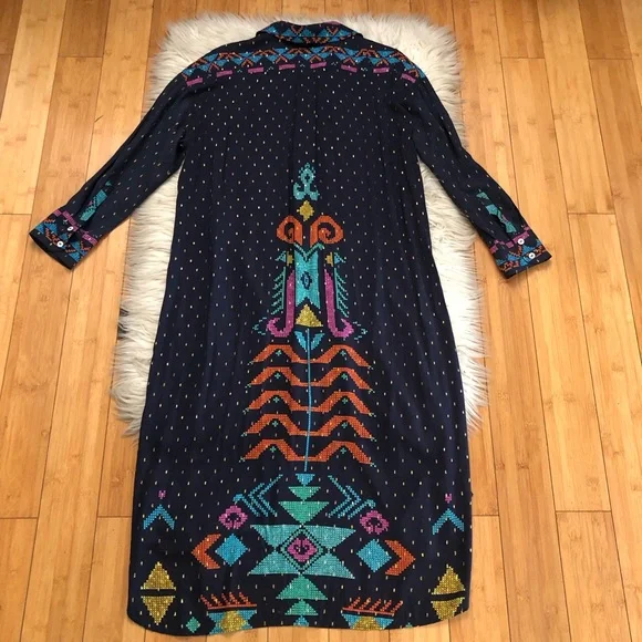 Zara Actez Tribal Geometric Metallic Long Sleeves Colorful Navy Shirtdress M - Picture 10 of 15